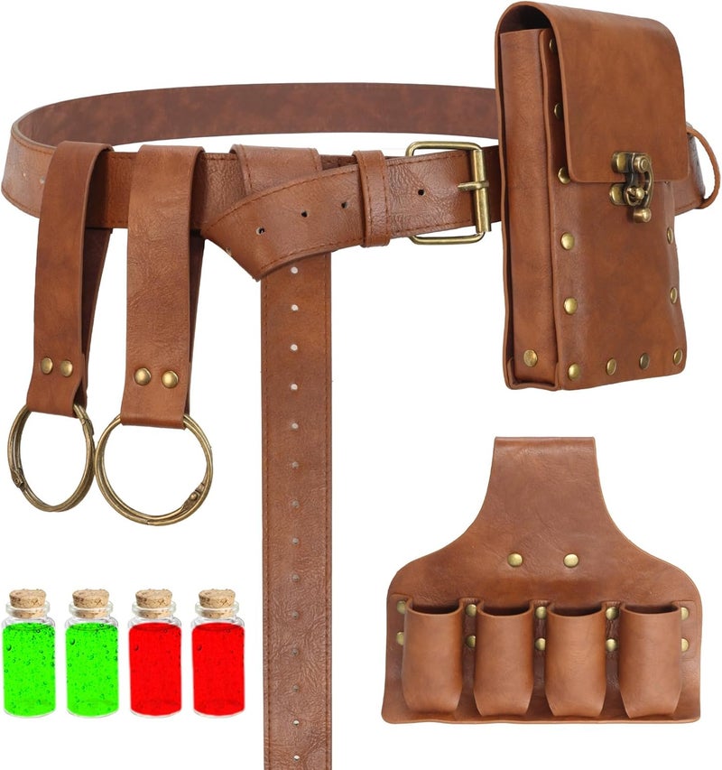 bcehyaa Store Renaissance Belt Pouch Medieval Viking Pirate Leather Bag Potion Bottle Set Skirt Hike Halloween Cosplay Costume Accessorie (Brown-Bottle, Belt Pouch) - Image 1